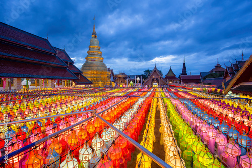 The Wat Phra That Hariphunchai pagoda with light Festival at Lamphun, Thailand.