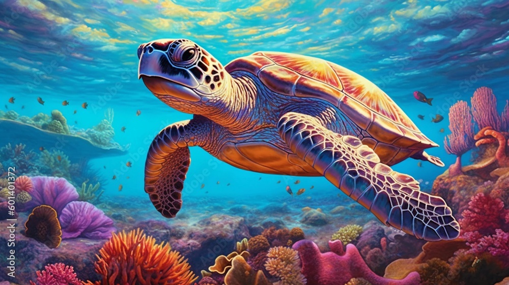 Fototapeta premium Turtle swimming in a coral reef, under the sea, generative AI 