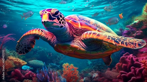 Turtle swimming in a coral reef  under the sea  generative AI 