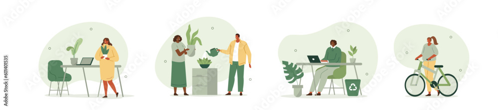Business people concept illustration set. Characters work together at a green sustainable office with plants, ride bikes to work, use recycle bin and live environment friendly. Vector illustration.
 - obrazy, fototapety, plakaty 