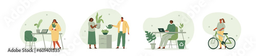 Business people concept illustration set. Characters work together at a green sustainable office with plants, ride bikes to work, use recycle bin and live environment friendly. Vector illustration.
