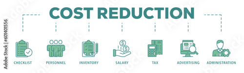 Cost reduction banner web icon vector illustration concept with icon of checklist, personnel, inventory, salary, tax, advertising and administration
