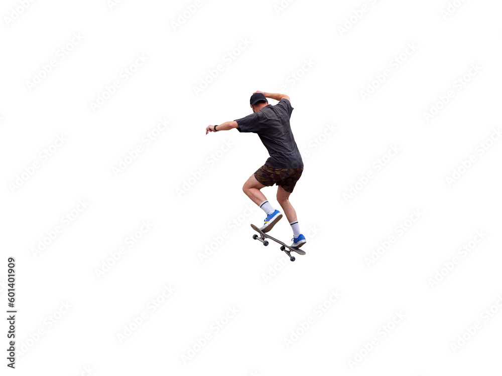Homme faisant un saut en skateboard, il est en short avec une casquette. 