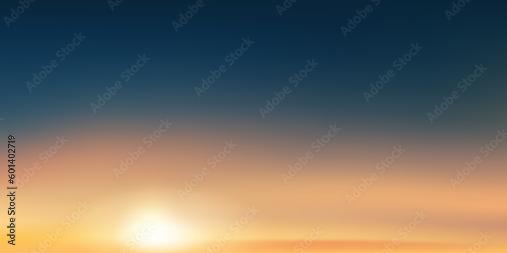 Sunset Sky with cloud in Blue,Orange,Yellow colour in Evening,Dramatic twilight landscape dusk sky in Golden hour,Vector horizon Sunrise in Morning banner of Sunlight for four season background