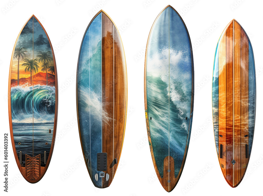 Four surfboards, on a transparent background, Generative AI - obrazy, fototapety, plakaty 