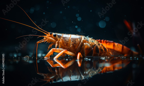 Crayfish alive on the black reflective surface. Close up. Black backdrop. Generative AI.