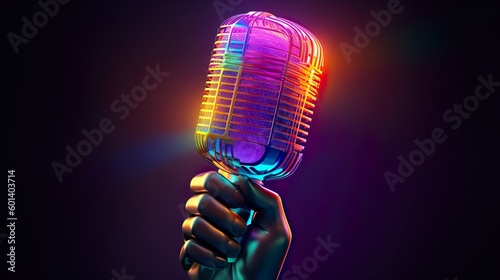 Hand holding microphone logo colorful neon made with Ai generative techology photo