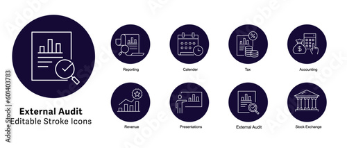 External Audit Vector Icons. Audit report vector icons,
Compliance audit vector icons. Financial audit vector icons. Audit checklist vector icons. Assurance icons.
Audit symbol icons. Editable Stroke.