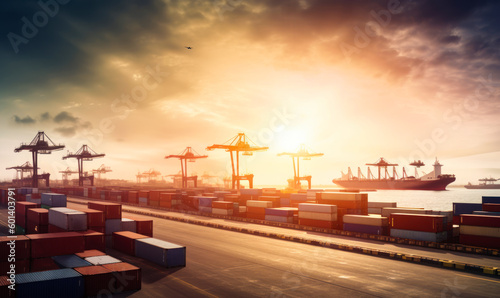 Sunrise above the port. Numerous containers, cranes and ships at the backdrop of sunny sky. Generative AI.