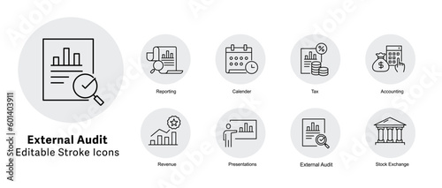 External Audit Vector Icons. Audit report vector icons,
Compliance audit vector icons. Financial audit vector icons. Audit checklist vector icons. Assurance icons.
Audit symbol icons. Editable Stroke.