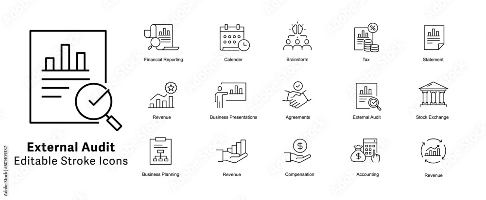 External Audit Vector Icons. Audit report vector icons,
Compliance audit vector icons. Financial audit vector icons. Audit checklist vector icons. Assurance icons.
Audit symbol icons. Editable Stroke.
