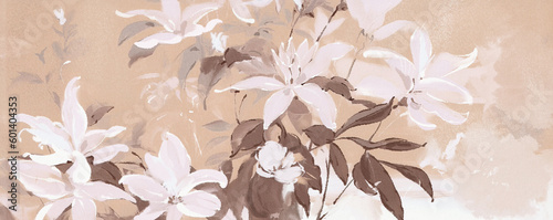 Oil painting with flowers tropical, leaves. Botanical print background on canvas - floral triptych In Interior, art.	