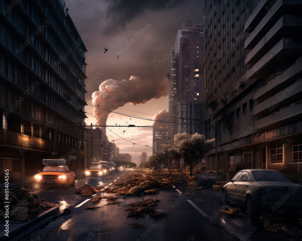 Decay and destruction in the city downtown. Smoke rising into the sky at backdrop. Generative AI.