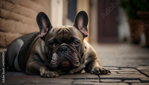 A french bulldog laying on the ground 