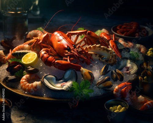 Lobster, shrimps and mussels on the plate with ice. Seafood for dinner. Close up. Generative AI.