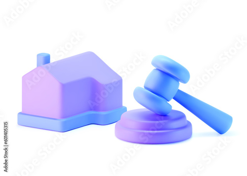 3d purple house with judge gavel icon isolated on light background. Render concept of real estate auction, real estate arbitrage law and house auction. 3d cartoon simple vector illustration