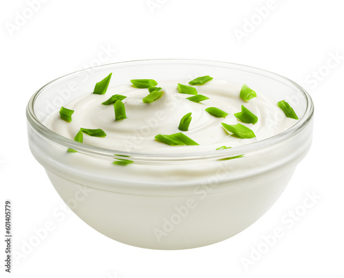 Fotografie sour cream with onion in bowl, isolated on white background, full depth of field