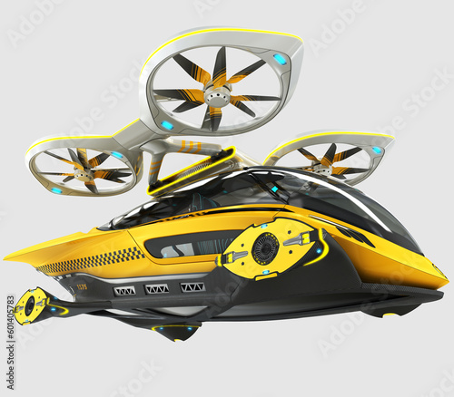 Fotografie, Tablou 3D rendering of an e-taxi self-propelled Quadcopter drone with two passengers