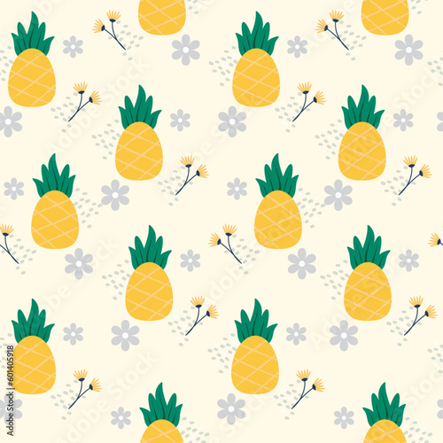 Pineaplle and flower seamless pattern with pastel background