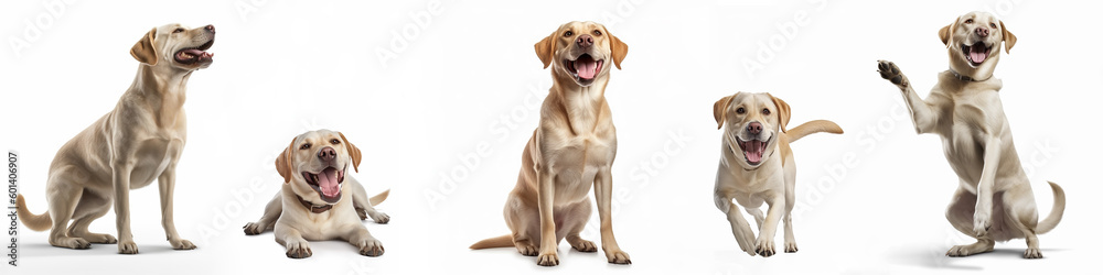 Animals pets dog banner panorama long - Collection of funny cute crazy laughing lying, jumping, standing, sitting beige yellow labrador  retrievers dogs, isolated on white background, Generative AI