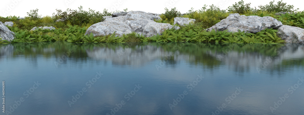 Realistic riverbank with vegetation. 3d rendering of isolated objects. Realistic riverbank with vegetation. 3d rendering of isolated objects.