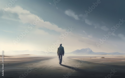 Lonely tiny man stands in desert, footprints, sunny day loneliness concept. Generative ai