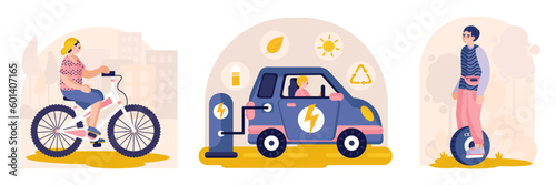 Set of vector illustrations about eco transport. Recharging with solar energy, saving environment