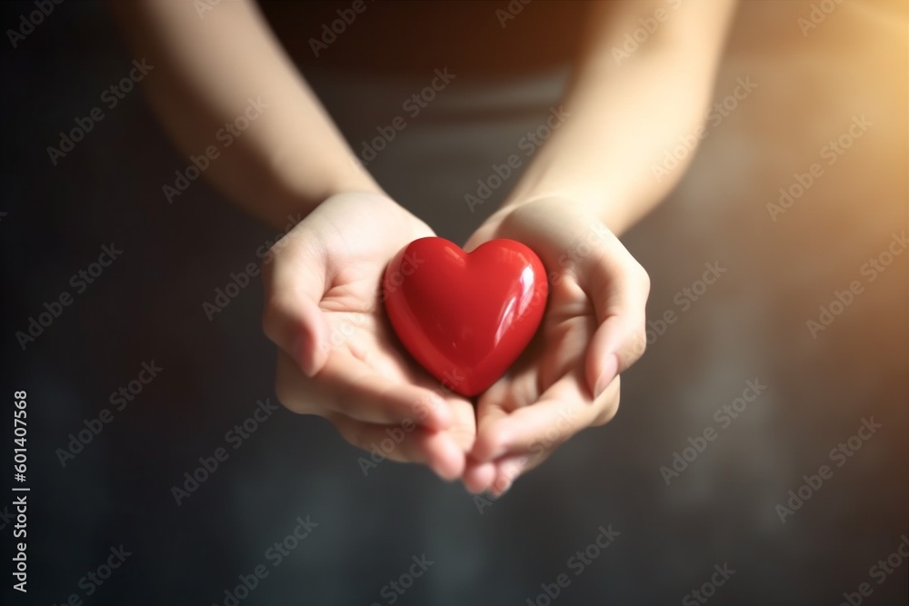 woman hand hold care donor red cardiogram give valentine love health. Generative AI. woman hand hold care donor red cardiogram give valentine love health. Generative AI.