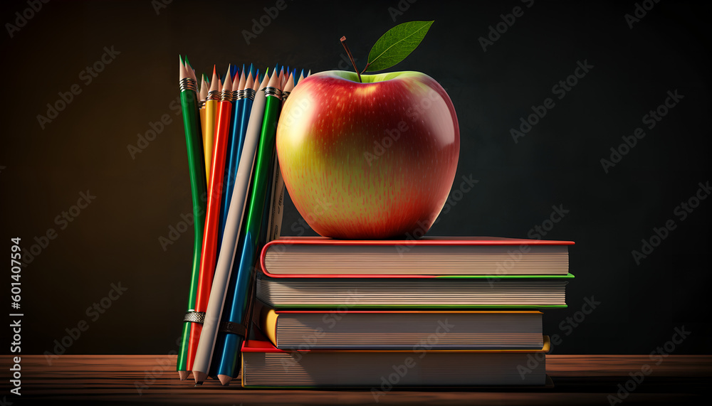 School background with books and apple above blackboard
