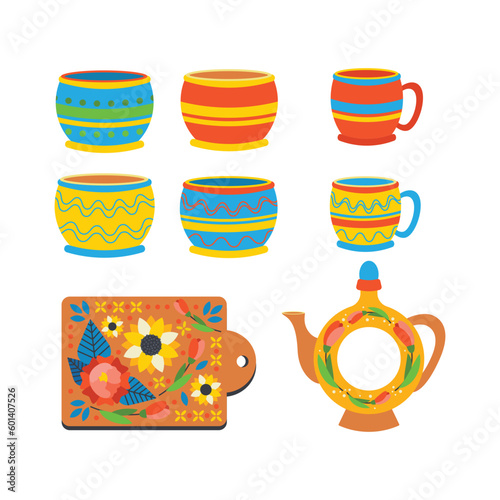 A set of dishes, cups, pots, a kitchen cutting board. Ukrainian symbols.