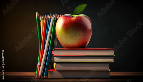 School background with books and apple above blackboard 