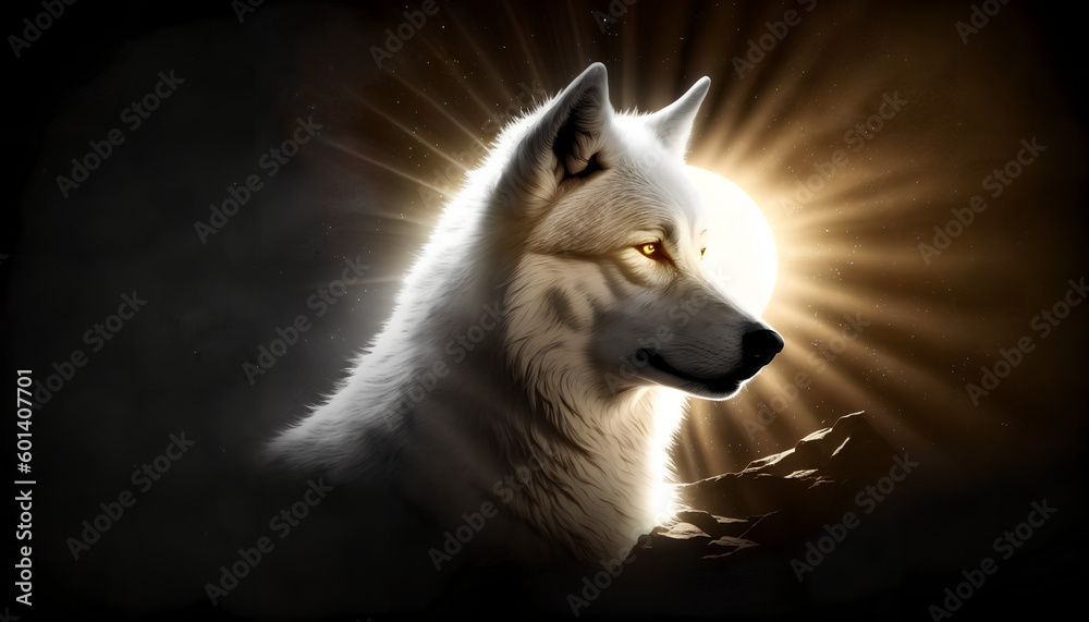 A white wolf with yellow eyes and a glowing light on its muzzle
A white wolf with yellow eyes and a glowing light on its muzzle
