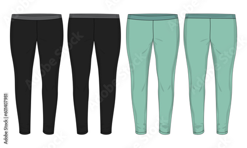 Leggings pants fashion flat sketch vector illustration black and green color template front and back view isolated on white background. Girls Long Legging mock up for Women's unisex 
