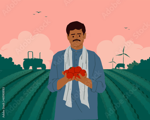 Indian farmer with nature, farm background illustration template design for social media banner, brochure, and website landing page,