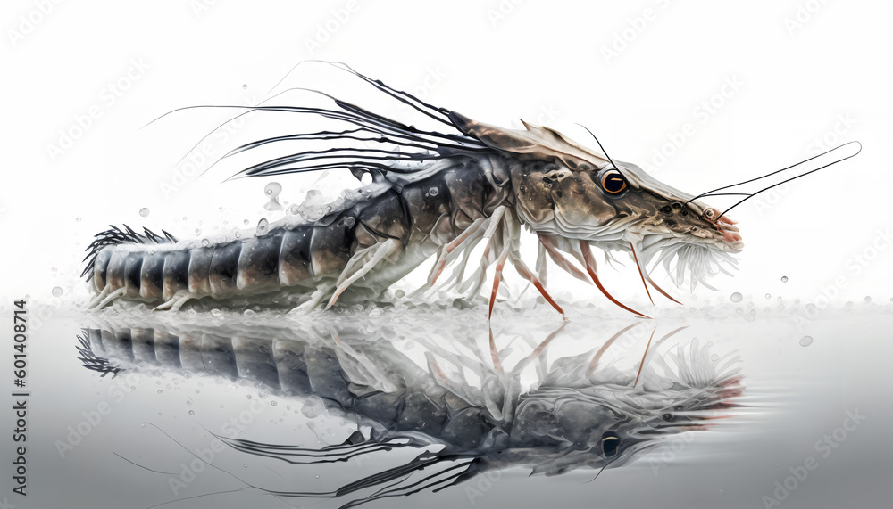 Shrimp swimming in water on a white background

