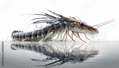 Shrimp swimming in water on a white background
