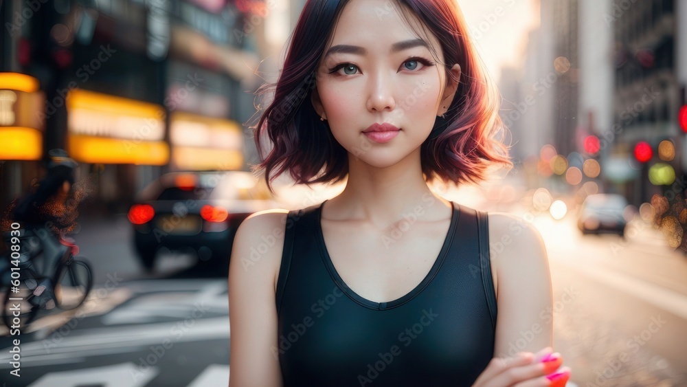 Beautiful woman with city in the background. Generative AI