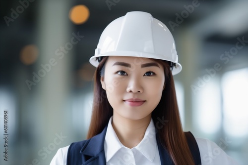 helmet woman smile asian engineering job industry engineer industrial portrait business. Generative AI.