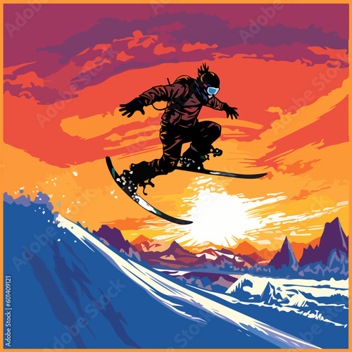 Flat vector illustration of a skier in a jump on the background of snow-capped mountains
