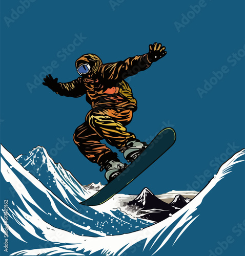 Flat vector illustration of a skier in a jump on the background of snow-capped mountains