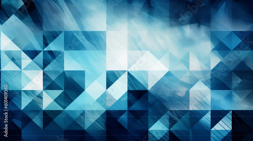Modern abstract blue background design with layers of textured white transparent material in triangle diamond and squares shapes in random geometric pattern. Generative ai