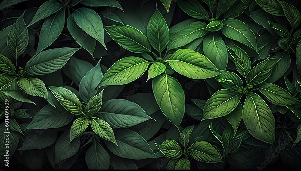 Texture of green leaves on black background top view Texture of green leaves on black background top view