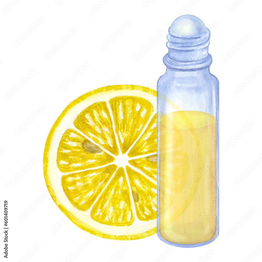 Yellow essential oil of lemon. Blue glass bottle and half citrus fruit. Hand drawn watercolor illustration isolated on white background. For cosmetics packaging, beauty magazines, logo Yellow essential oil of lemon. Blue glass bottle and half citrus fruit. Hand drawn watercolor illustration isolated on white background. For cosmetics packaging, beauty magazines, logo