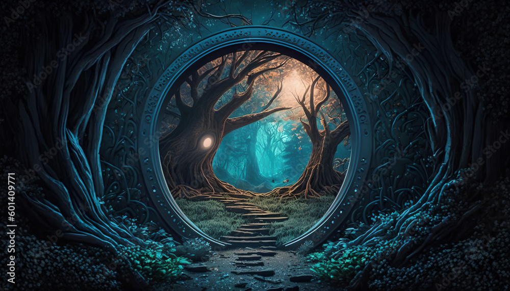 Fantasy fiction illustration of a path through the woods - obrazy, fototapety, plakaty 