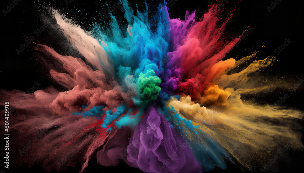 Abstract multicolored powder explosion on black background colorful dust explosion
