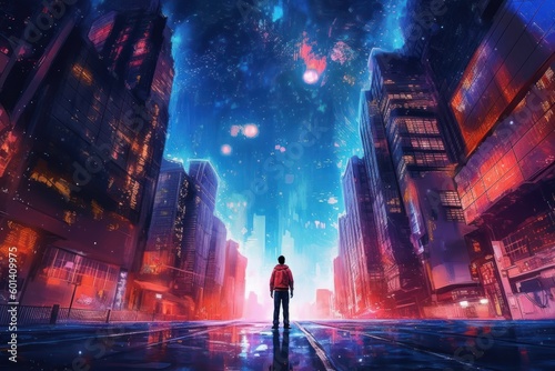 A person standing in a city street with a galaxy-filled sky as the background
