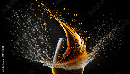Beer splash - A glass of beer spills over in a dynamic and refreshing splash on a black background