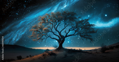 In a dreamy realm, a celestial tree stands prominently within a swirling galaxy.