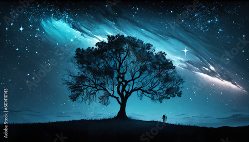 In a dreamy realm, a celestial tree stands prominently within a swirling galaxy.