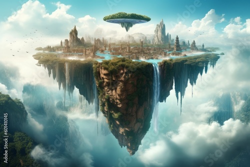 A surreal landscape with floating islands and a waterfall that defies gravity © Suplim